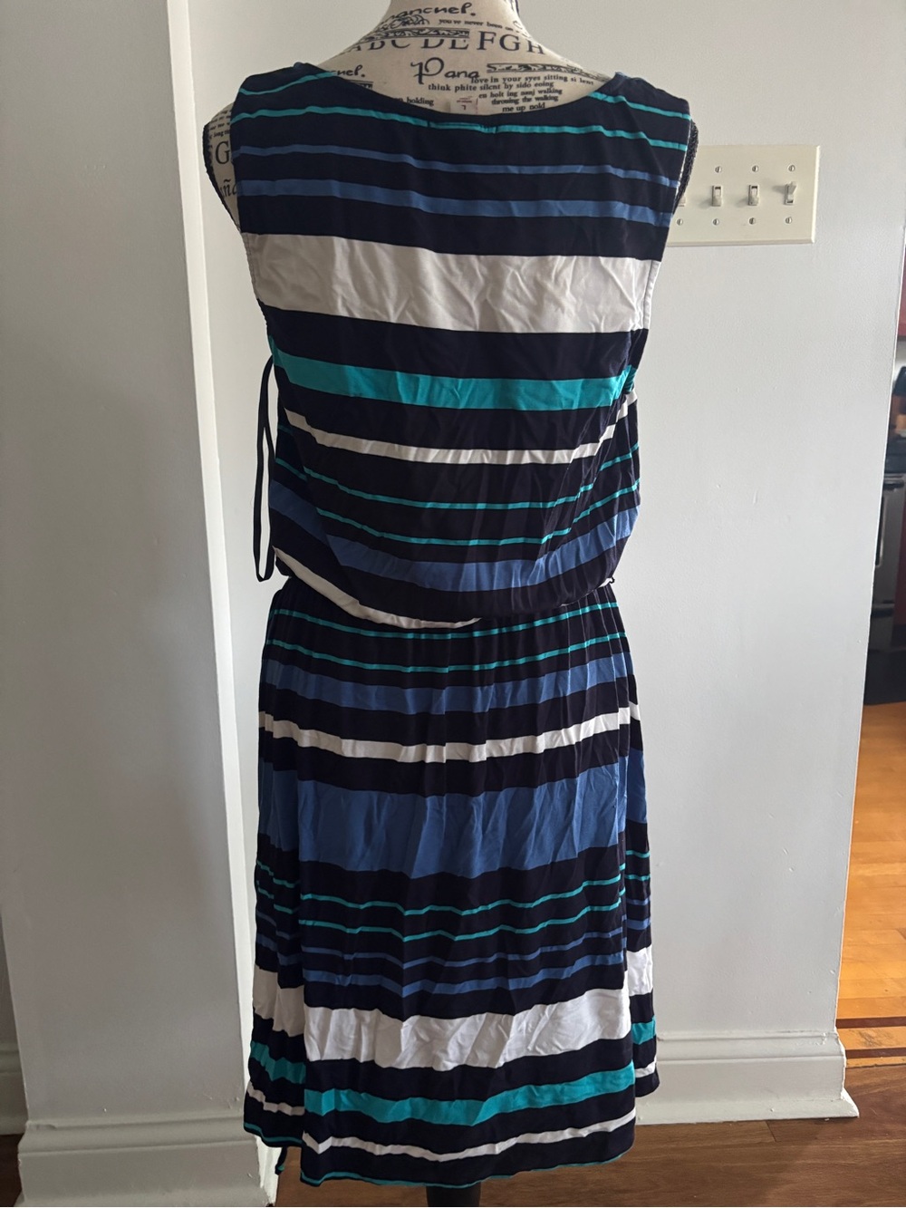 Striped V-Neck Sleeveless Dress in Navy, Teal & White - Picture 2 of 3